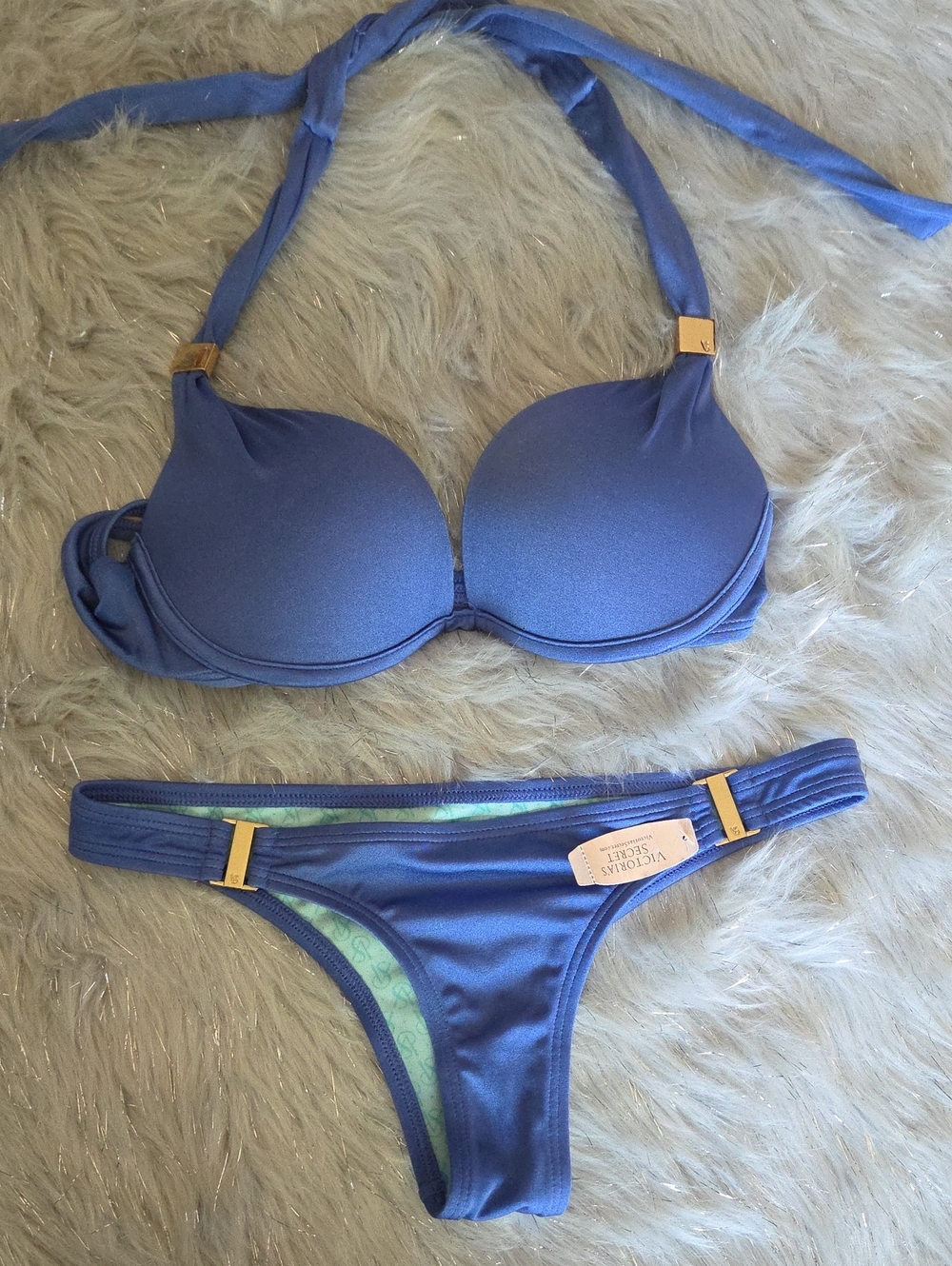 Victoria's Secret Blue Push-Up Halter Bikini with Gold Accents